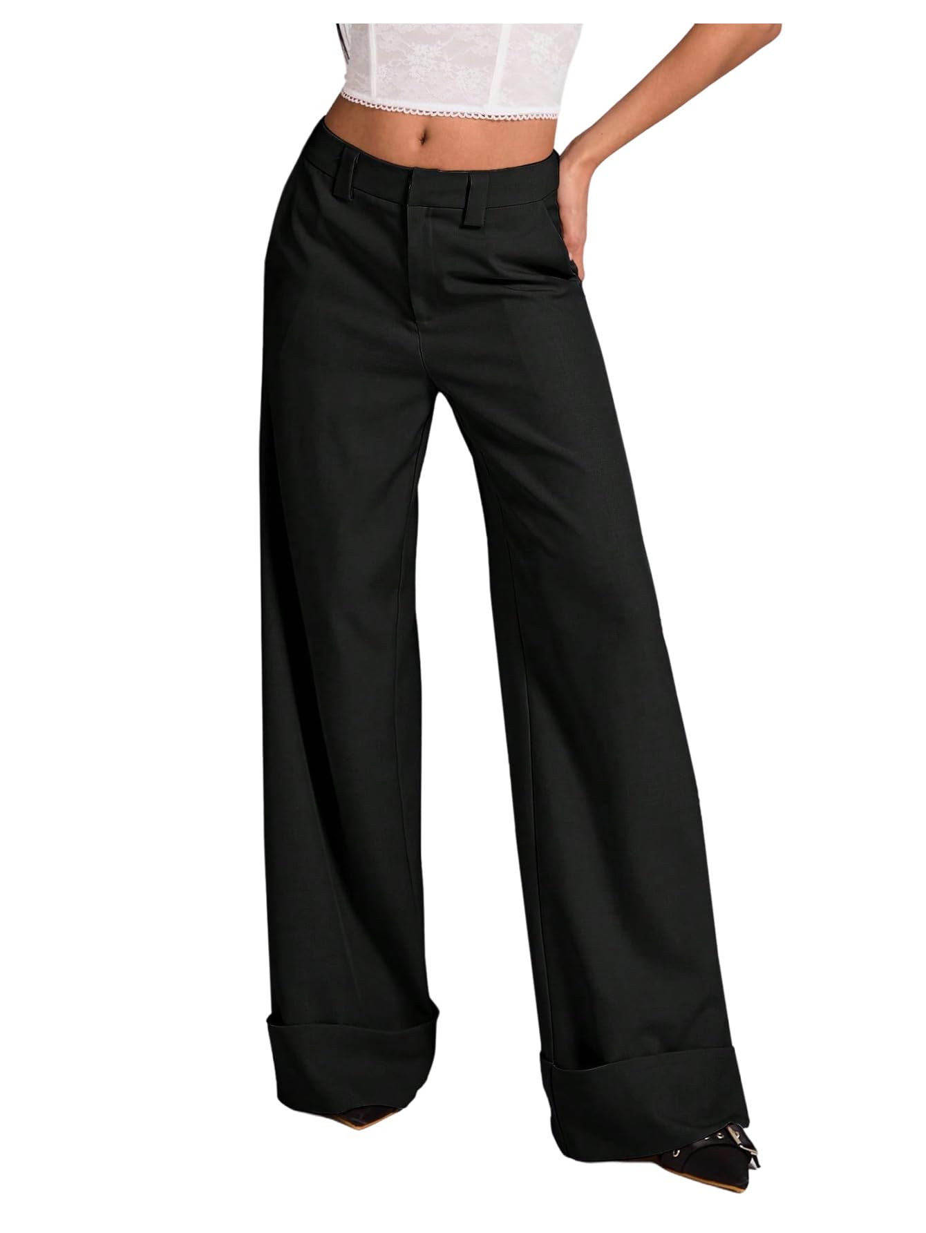 GORGLITTER Womens Wide Leg Dress Pants Low Waisted Business Casual Trousers Roll Up Hem Office Work Slacks Pants