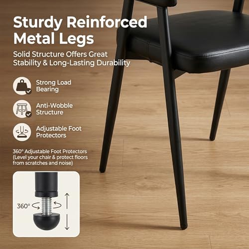 Image of HNY Modern Dining Room Arm Chairs Set of 4, Retro Faux Leather Upholstered Barrel Dining Chairs with Arms Mid-Century Black Accent Chair with Metal Legs, Open-Back Kitchen Side Chair for Living Room