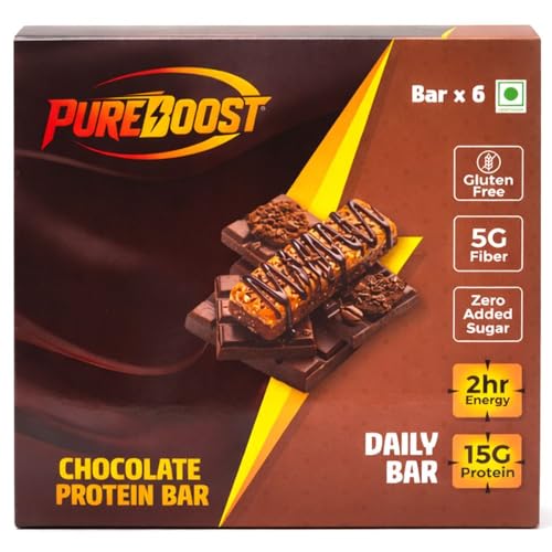 Image of Chocolate Protein Bar | 15g Protein Energy Bar | Gluten Free High Fiber Healthy Snack | Zero Added Sugar Nutrition Bar | Gym, Workout, Diet & Meal - 50g (Pack of 6)