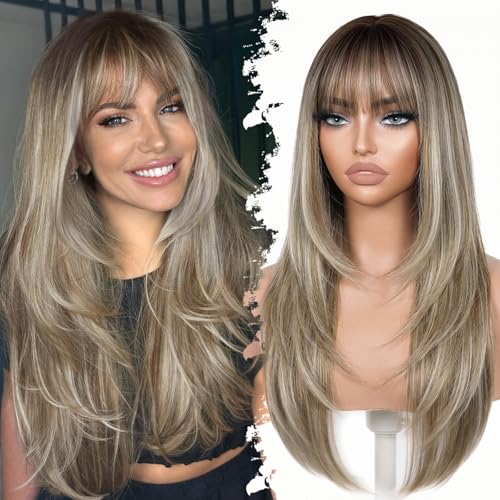 Eawwii Long Ombre Ash Brown with Platinum Blonde Wig with Bangs for Women 4x4 Realistic Scalp Free Parting Layered Hairstyle Synthetic Heat Resistant for Daily Party Use 26 inch
