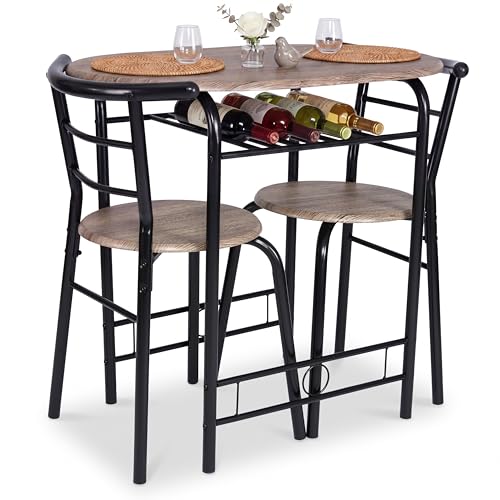 Bravich Compact 3 Piece Dining Set Small Space Saving Bistro Table and 2 Chairs with Storage Shelf Kitchen Breakfast Table Set for 2 Grey Oak & Black