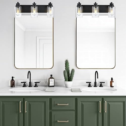 Miniatura 3 de VINLUZ 3 luces negras para tocador sobre espejo con pantalla de vidrio semillado, lámpara industrial de montaje en pared, iluminación de baño de