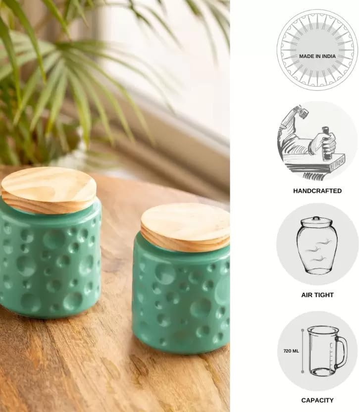 Image of Ceramic Kitchen Storage Jar Set of 2 (750 ml)| Airtight Green Canisters for Tea, Sugar & Spices | Modern Storage Containers | Airtight Pickle /Barni Jars with Lid | Countertop Food Jars for Kitchen