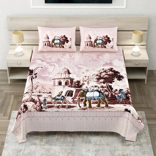 Image of 240 TC 100% Cotton Bedsheet for Double Bed King Size with 2 Pillow Covers | Breathable & Super Soft Rajasthani Sanganeri Jaipuri Printed Bed Sheet -108 * 108 Inches (Elephant 2)