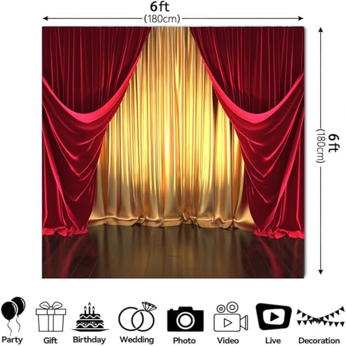 Fondo fotográfico de vinilo 6x6ft con cortinas doradas y rojas miniatura 3