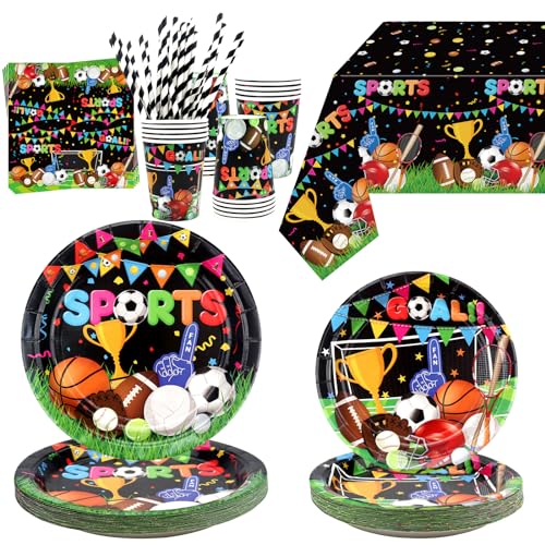 Fournitures d'Anniversaire sur le Thème du Sport - Décorations Sportives avec Assiettes, Nappes, Gobelets, Serviettes - Décoration de Fête de Basket-Ball et Football - Sert 20