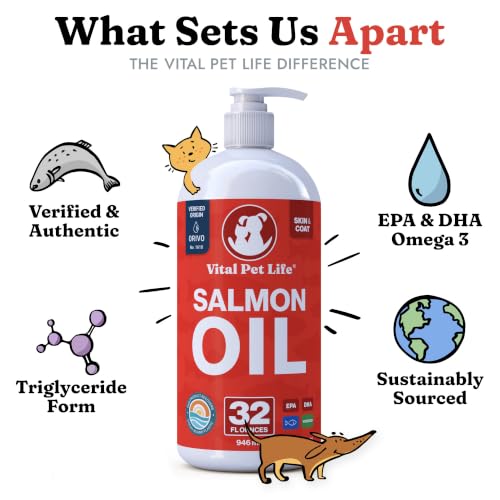 Salmon Oil for Dogs & Cats - Healthy Skin & Coat, Soft Shiny Glossy Coat, Fish Oil Omega 3 EPA DHA, Immune System & Heart Function Support, Normal Shedding, Liquid Supplement for Pets, 32 oz | Soft Shiny Glossy Coat, EPA DHA, Immune System & Heart Function Support, Normal Shedding, Supplement for Pets