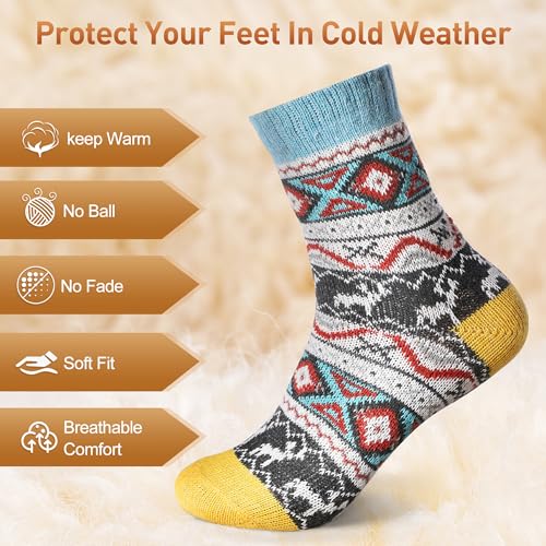 5 Pack Women Wool Socks, Winter Warm Cabin, Thick Cozy Soft Crew Socks, Stocking Stuffers Gifts for Women Men3
