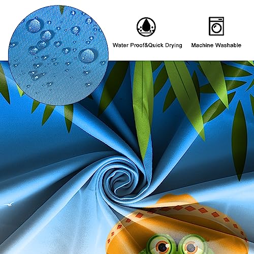 SDOTPMT 105x160cm Cartoon Frog Shower Curtain Cute Funny Frog with Hat Summer Beach Bamboo Green Leaves Bath Curtain Blue Ocean Wave Bathtub Curtain for Kids Bathroom Fabric Polyester with Hooks - Image 4