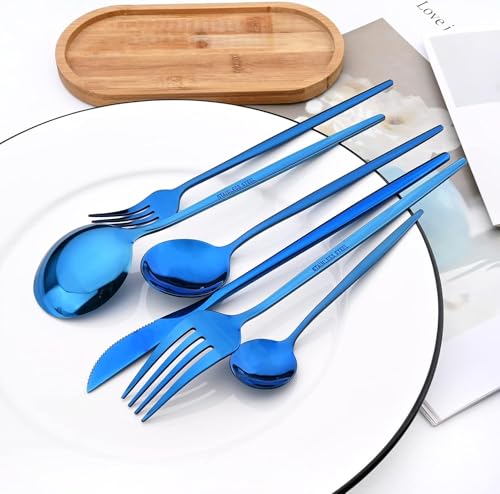Image of Trifecta 24-Piece Silverware Set, Stainless Steel Flatware Set for 6, Fork Spoon Knife Set, Home Dinnerware Tableware Set for 6, Cutlery Set, Include Knives /Forks /Spoons (Blue)
