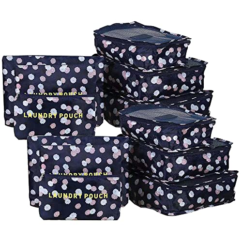 Wolike Lot de 12 sacs de rangement de bagages de voyage pour vêtements, valises, accessoires de voyage (fleurs bleu marine) Cover