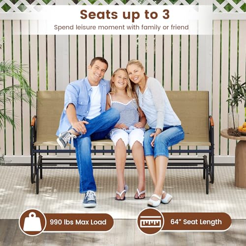 Image of Giantex Patio Glider, 3-Person Swing Gliding Loveseat with Curved Teak Armrests, Fabric Seat, Metal Frame, Load 990lbs, Outdoor Rocking Chair for Porch, Yard, Poolside (29 inchx66.5 inchx33 inch)