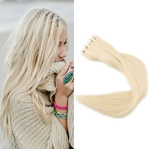 [Promotion]Full Shine Pure Blonde Seamless Tape Hair Extensions Skin Weft 100% Remy Human Hair Extensions Color 60 Light Blonde 40 Pcs 100 Gram Per Set Glue On Real Brazilian Hair