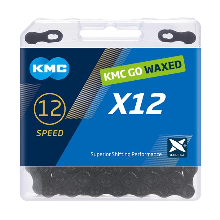 Chaîne KMC DLC12 Cirée – 12 Vitesses, 126 Maillons, Noir/céleste, 238g, Compatible Vélos électriques