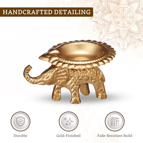 Image of Amazon Brand - Solimo Decorative Handcrafted Metal Elephant Diya for Puja | Tealight Candle Holder for Home Decor & Gifting (Pack of 4) | 8 x 6.5 x 4.5 cm Each | Gold Finish