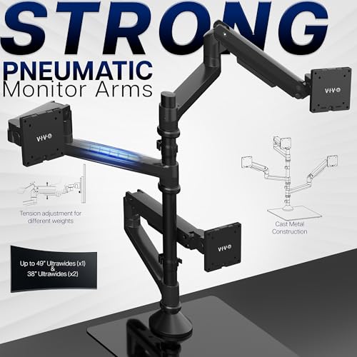 Image of VIVO Pneumatic Arm Triple Ultrawide Monitor Desk Stand for Up to 49 inch Screens with Tempered Glass Base, Holds 3 Ultra Wides Up to 33 lbs Each, Black, STAND-V300FG