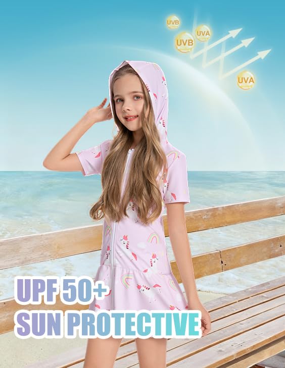 Image of Girls Sun Protective Swim Cover Up Hooded with Full-Length Zipper Short Sleeve UPF 50+ Beach Dress Coverup