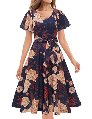 Gardenwed Robe à Cocktail à Manches à Volants Robe midi avec Flare Robes invitées de Mariage pour Femmes Robes de Demoiselle d'honneur Swing aliné Cover