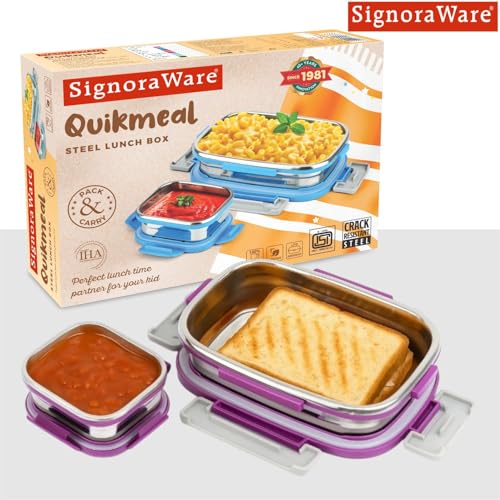 Image of SignoraWare Quickmeal Stainless Steel Small Lunch Box | Airtight & Leakproof | Portion Control | Easy to Carry | Ideal for Office, School, Kids & Travel (650ml + 130ml | Emagenta)