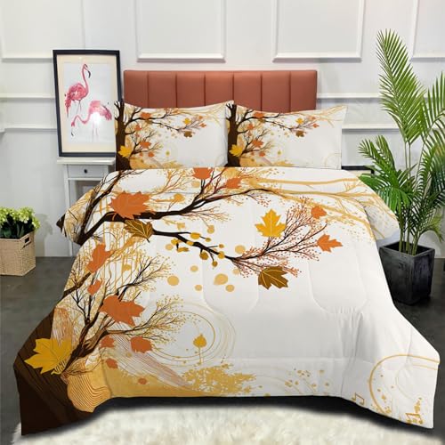 DLERFLOVR Piumino Letto Rami E Foglie Matrimoniale 4 Stagioni 220x240cm - Piumone Autunnale Invernale Paesaggio Autunnale Trapunta Traspirante e super morbido con 2 Federe, Marrone