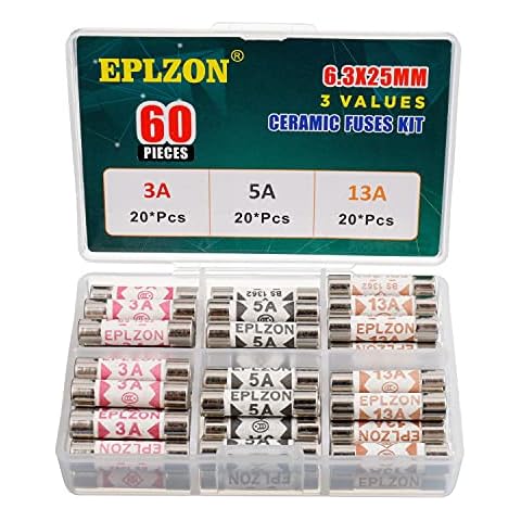 EPLZON 3 Values 60pcs BS1362 3A 5A 13A 240V 3 5 13 Amp 240 Volt Household Mains Plug Fuse 6.3x25 mm 0.248x0.984 Inch for Mains Plug Ceramic Tube Fuses Assortment Kit pack in a Clear Plastic Box Cover