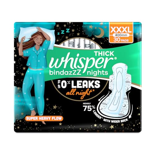 Whisper Bindazzz Nights 30 XXXL Sanitary Pads, Upto 0% Leaks All Night Long, For Super Heavy Flow, Nearly 75% Longer with Wider Back, Double hug wings keep pad in place, Disposable Wrapper
