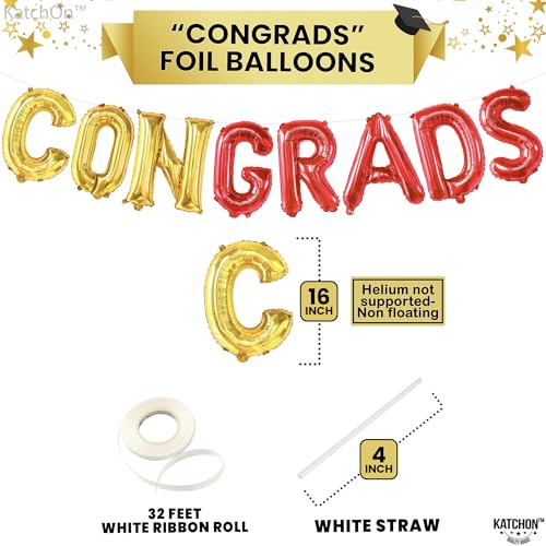 Image of KatchOn, Red and Gold Congrats Balloon - 16 Inch | Congrats Grad Balloons Foil for 2026 Graduation Party Decorations | Red and Gold Graduation Decorations | Graduation decorations 2026