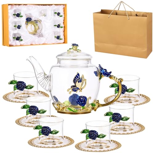 Fancy Glass Tea Set with Floral Teapot and Cups, 7-Piece Tea Kettle Set with Coasters, Gift Box for Women
