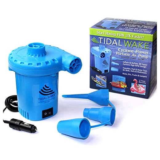 Tidal Wake 12V DC Air Pump for Inflatables, Inflates & Deflates 3 Times Faster on Boat Towables, Pool & Water Toys, Air Beds, Rafts, 1,000 Liters of Air Per Minute! 10 Foot Cord