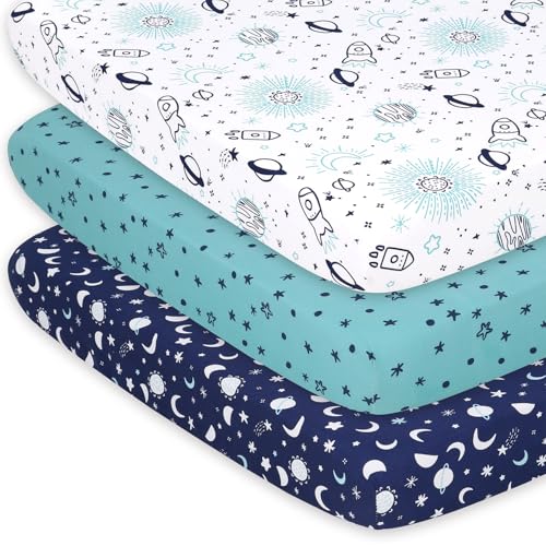 Image of The Peanutshell 3-Pack Fitted Playard Sheets - Soft & Breathable Baby Boy or Girl Mini Crib Sheets, Pack N Play Mattress, Fits Standard Playard Pack Play Mattresses - Space