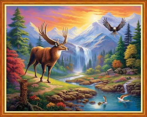 Image of Dooxvey Cross Stitch Kit for Adults Beginners - Stamped Needlepoint Embroidery Pattern, Lucky Deer 16x20 Inch, 11CT