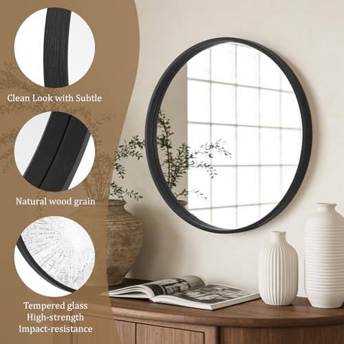 Image of WallBeyond Black Round Wood Mirror 24 inch Circle Wall Mirror for Bathroom Round Wall Mirror for Wall Decor, Vanity, Entryway Living Room