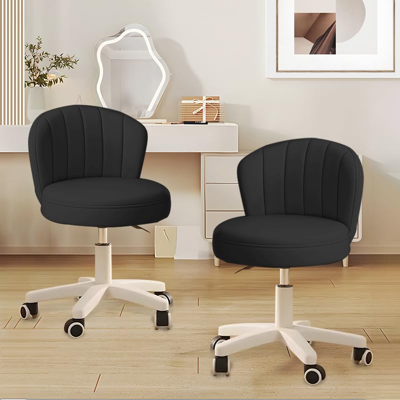 Image of Small Desk Chair Round Rolling Chair with Back PU Leather Height Adjustable Swivel Vanity Work Computer Stool Chair for Home Office Bedroom, Set of 2