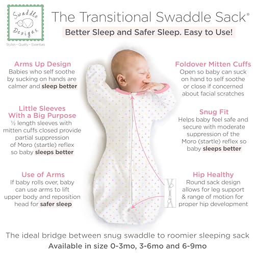 Image of SwaddleDesigns Transitional Swaddle Sack, Arms Up Half-Length Sleeves & Mitten Cuffs, Swaddle for Newborn Transition to Baby Sleep Sack Wearable Blanket, Med, 3-6 month, 14-21 lb, Pink Tiny Triangles