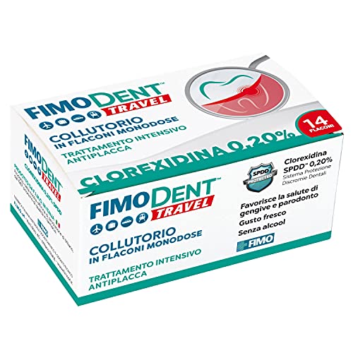 Fimodent Travel Colutorio - Clorhexidina 0,20% con SPDD (Sistema de Protección Discrepancias Dentales) y agradable sabor menta - Tratamiento contra la placa y antibacteriano prolongado - 14 monodosis