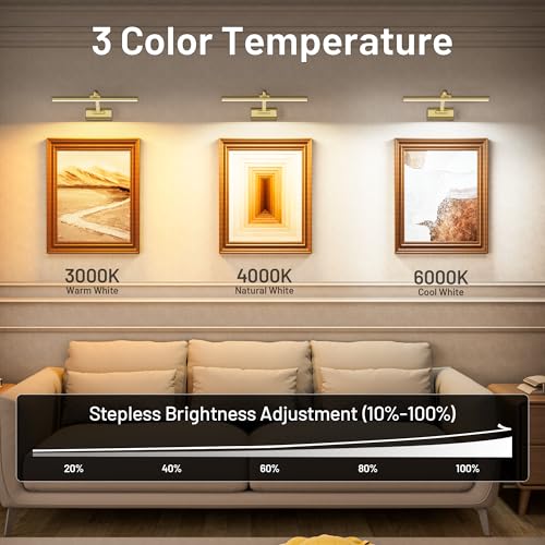 Image of AIFEI 5200mAh Picture Lights for Wall: Up to 48H Artwork Lighting | 6H Fast Charging for Living Room Hallway - Remote Timer Memory - Wireless Installation - 16 Inch - Brass