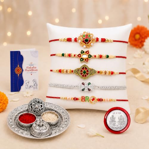 Image of Oblivion Multi Design Rakhi Set for Brother | Set of 5 Rakhi for Brother with Flower, Butterfly, BRO & Designer Rakhis, Silver Colour Pooja Thali, Pooja Coin, Kumkum Chawal & Greeting Card