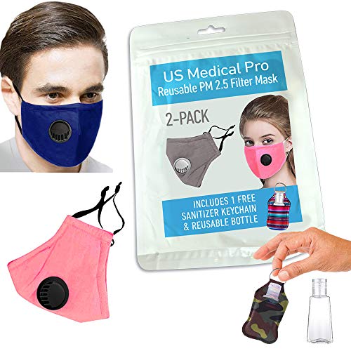 Get Special Price 2+1 Pack Face mask Cover with 2 PM 2.5 filter (Includes Reusable Bottle Keychain), Washable mask, Reusable. Anti dust, Cloth face mask with filter… (Blue/Pink)