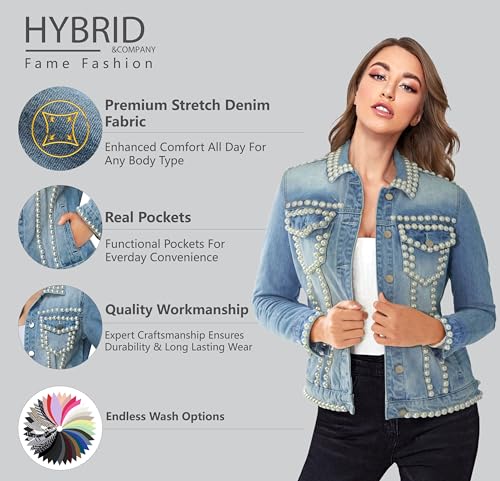 Hybrid & Company Women's Denim Jacket Embroidered Pearls Beading Jeans Jacket Coat With Pockets2