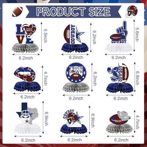 Image of Football Cowboy Party Decorations - 9 Pcs Birthday Centerpieces | American Rugby Honeycomb Table Toppers Photo Booth Props for Kids Boys Happy Sports Game Supplies