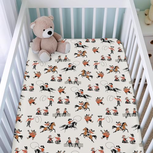 Image of Cute Western Cowboy Cowgirl Baby Crib Sheets for Boys Girls 52 inchx28 inch Country Western Horse Soft Breathable Snug Fitted Crib Mattress Covers Music Baby Sheet Fits Standard Crib and Toddler Mattresses