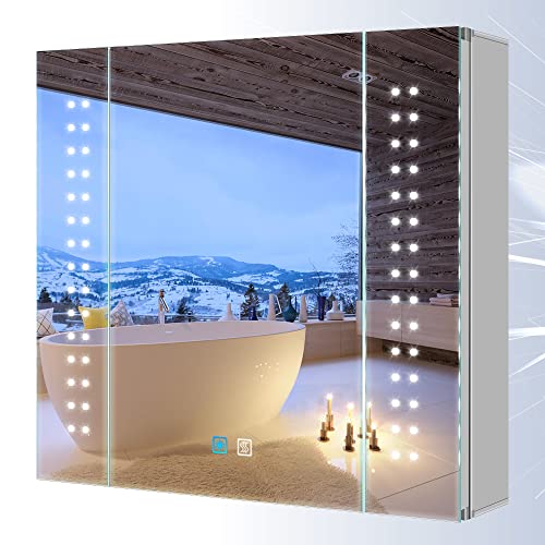 Tokvon® Galaxy LED Mueble de Espejo de baño de Aluminio con Enchufe para afeitadora atenuador antiniebla Interruptor 650x 600mm 2 Puertas para Maquillaje de Afeitado