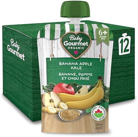 Baby Gourmet Organic Puree Baby Food Pouches – Banana Apple Kale – No Added Sugar Or Salt, Non GMO, No Fillers, Gluten Free, Kosher – (128ml) 12 Pack
