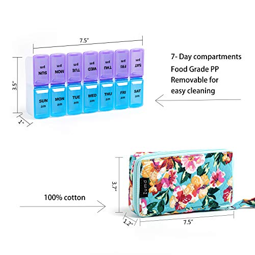 Image of Weekly Pill Organizer 2 Times a Day, Zumd Pill Box 7 Day with Cute Quilted Fabric Zipper Case, Travel Pill Case Am Pm for Vitamin Medicine Organizer