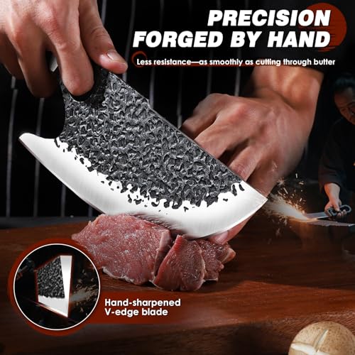Image of Huusk Butcher Knives for Meat, Hand Forged Carbon Steel Viking Kitchen Knife Set with Roll Bag, Meat Cleaver Chef Knife Sets for Cooking Camping BBQ, Gift for Men Husband