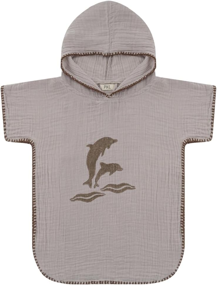 PIKLKids Beach Poncho Towel: Organic Turkish Muslin Cotton, Hooded, Quick Dry - Beige 'Dolphins', 2 Years