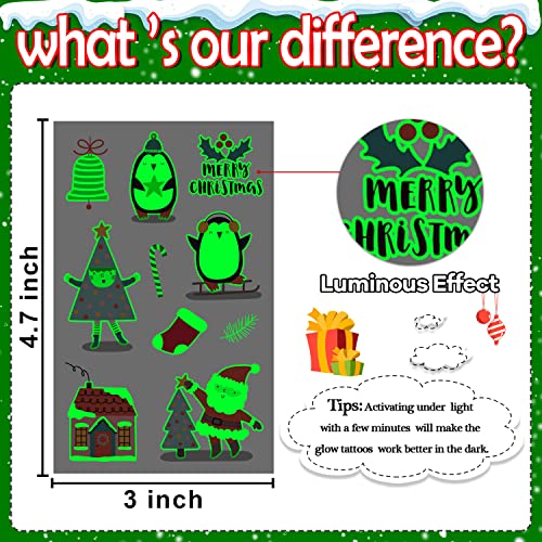 Leesgel Christmas Tattoos for Kids 24 Sheets Glow Christmas Stickers for Kids Christmas Decorations Xmas Ornaments Eve Box Stocking Fillers Toys Crafts for Party Games Supplies Favours - Image 4