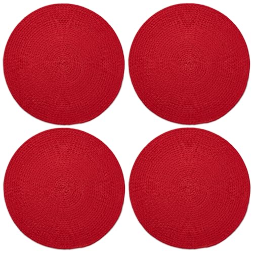 Image of Dining Table Mats Set of 4 | Cotton Table Mat 32 cm Diameter, Encasa XO Washable Round Table Mats, Heat Resistance Dining Table Placemats, Handmade Ribbed Style for Centre Table, Red
