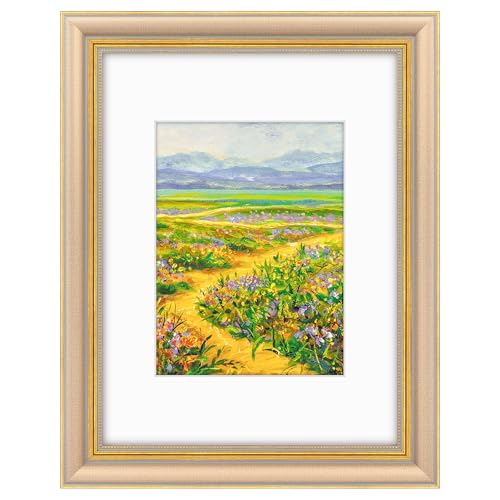 Image of Golden State Art,9x12 Ornate Picture Frame Holds 6x8 Photo,Champagne Gold | Includes real glass front,white mat,build-in hangers and buttons.Displays 6x8 photo on wall