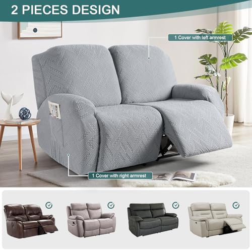 Image of Ruaozz Recliner Sofa Covers Recliner Chair Covers Extra Wide Loveseat Recliner Slipcovers with Pockets Washable Furniture Protector with Elastic Bottom (2 Seater-X Large, Light Grey)